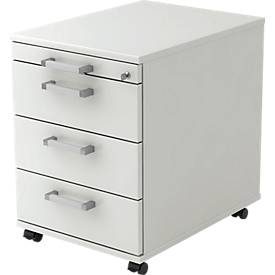 Verrijdbaar ladeblok TARVIS, 1 materiaallade, afsluitbaar, 3 schuifladen, B 428 x D 580 x H 590 mm, lichtgrijs