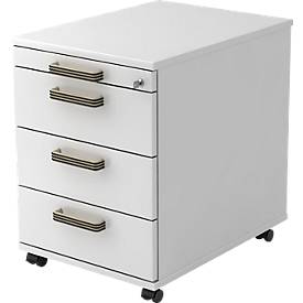 Verrijdbaar ladeblok TOPAS LINE, 3 schuifladen, 1 materiaallade, afsluitbaar, wit/wit, D 580 mm