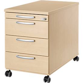 Verrijdbaar onderstel 1333, 3 laden en 1materiaallade, afsluitbaar, ronde grepen, hout/staal/kunststof, B 434 x D 800 x H 613 mm, ahorn decor