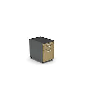 Verrijdbaar onderstel NEVADA, 1 lade voor keukengerei, 1 lade, 1 hangmappenlade, B 430 x D 600 x H 600 mm, donkergrijs/eiken decor