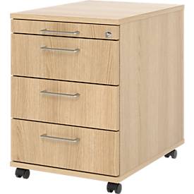 Verrijdbare lade 1233 Breno, 3 laden & 1 lade voor keukengerei, afsluitbaar, B 428 x D 580 x H 590 mm, eiken decor
