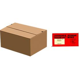 Versandkartons, Automatikboden, wiederverschließbar, bis 20 kg, L 305 x B 215 x H 135 mm, 50 Stück + 250 Lieferscheintaschen, DIN lang, PCR-Polyethylen