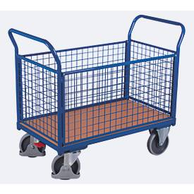 Vierwandwagen, Stahl/MDF-Platte, Enzianblau/Buche-Dekor, L 1000 x B 650 mm, herausnehmbare Längswände, TPE-Rollen mit EasySTOP, bis 500 kg