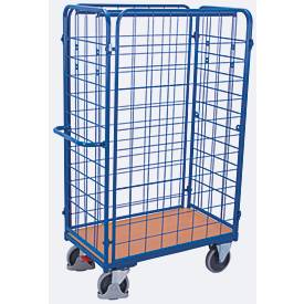 Vierwandwagen, Stahl/MDF-Platte, Enzianblau/Buche-Dekor, L 1000 x B 700 mm, Nutzhöhe 1525 mm, einhängbare Längswände, EasySTOP, bis 500 kg