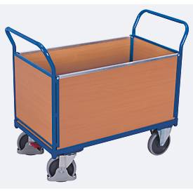 Vierwandwagen, Stahl/MDF-Platte, Enzianblau/Buche-Dekor, L 1200 x B 750 mm, herausnehmbare Längswände, TPE-Rollen mit EasySTOP, bis 500 kg