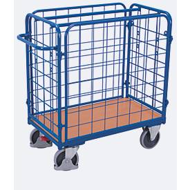 Vierwandwagen, Stahl/MDF-Platte, Enzianblau/Buche-Dekor, L 1200 x B 800 mm, Nutzhöhe 925 mm, einhängbare Längswände, EasySTOP, bis 500 kg