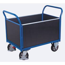 Vierwandwagen, Stahl/Siebdruckplatte, Enzianblau/Dunkelbraun, L 1195 x B 750 mm, herausnehmbare Längswände, Vollgummi-Rollen mit EasySTOP, 1000 kg