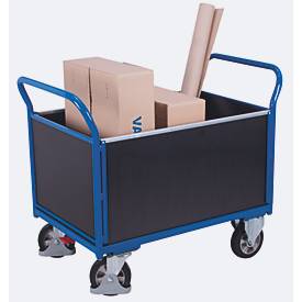 Vierwandwagen, Stahl/Siebdruckplatte, Enzianblau/Dunkelbraun, L 995 x B 650 mm, herausnehmbare Längswände, Vollgummi-Rollen mit EasySTOP, 1000 kg