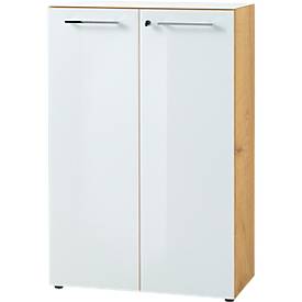 Vijlkast MONTERIA, front &amp; dekplaat glas, afsluitbaar, 3 OH, B 800 x D 370 x H 1200 mm, Navarra eik/wit