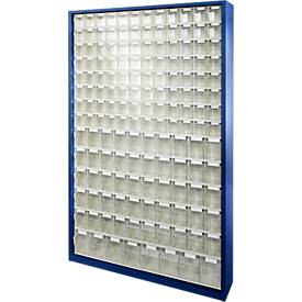 Vorratsschrank, Volumen 635 l, 154 herausnehmbare Lagerboxen mit Griffmulde, B 1270 x T 250 x H 2000 mm, g.blau/transparent