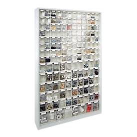 Vorratsschrank, Volumen 635 l, 154 herausnehmbare Lagerboxen mit Griffmulde, B 1270 x T 250 x H 2000 mm, l.grau/transparent