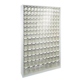 Vorratsschrank, Volumen 635 l, 154 herausnehmbare Lagerboxen mit Griffmulde, B 1270 x T 250 x H 2000 mm, l.grau/transparent