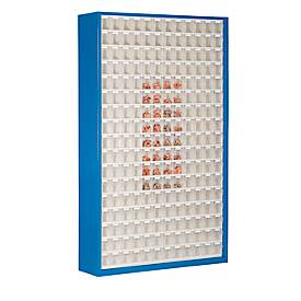 Vorratsschrank, Volumen 635 l, 204 herausnehmbare Lagerboxen mit Griffmulde, B 1270 x T 250 x H 2000 mm, g.blau/transparent