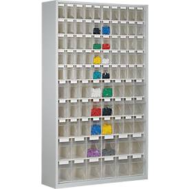 Vorratsschrank, Volumen 635 l, 86 herausnehmbare Lagerboxen mit Griffmulde, B 1270 x T 250 x H 2000 mm, l.grau/transparent