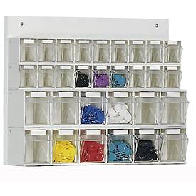 Wand-Kleinteilelager MultiStore, 30 Lagerboxen, Volumen 5,2 l, B 600 x T 108 x H 410 mm, Holzplatte &amp; Polystyrol