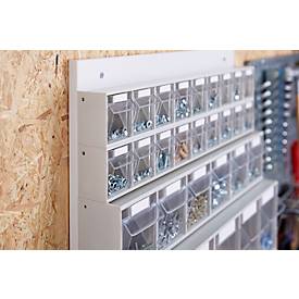 Wand Kleinteilemagazin MultiStore, 33 Klappkästen, Volumen 76 l, B 600 x T 185 x H 684 mm, Holzplatte & Polystyrol