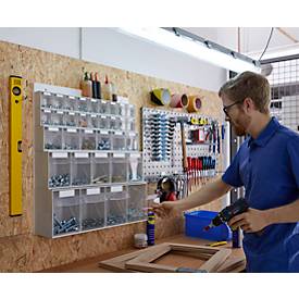 Wand Kleinteilemagazin MultiStore, 33 Klappkästen, Volumen 76 l, B 600 x T 185 x H 684 mm, Holzplatte & Polystyrol