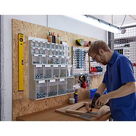 Wand Kleinteilemagazin MultiStore, 33 Klappkästen, Volumen 76 l, B 600 x T 185 x H 684 mm, Holzplatte & Polystyrol