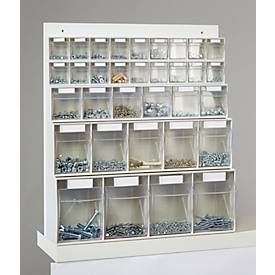 Wand Kleinteilemagazin MultiStore, 33 Klappkästen, Volumen 76 l, B 600 x T 185 x H 684 mm, Holzplatte & Polystyrol