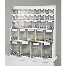 Wand-Mehrfach-Kleinteilelager MultiStore, 33 Lagerboxen, Volumen 76 l, B 600 x T 185 x H 684 mm, Holzplatte &amp; Polystyrol