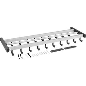 Wandgarderobe – 19 Einzelhaken + Hutablage, Profile Aluminium silbermatt eloxiert, Stützen schwarz (RAL 9005) epoxidbeschichtet, Haken/Abdeckungen Kunststoff schwarz, Maße H 160 × B 1000 × T 330 mm