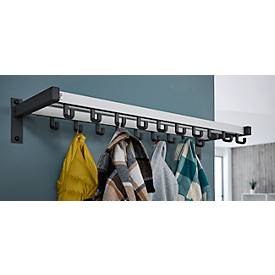 Wandgarderobe – 19 Einzelhaken + Hutablage, Profile Aluminium silbermatt eloxiert, Stützen schwarz (RAL 9005) epoxidbeschichtet, Haken/Abdeckungen Kunststoff schwarz, Maße H 160 × B 1000 × T 330 mm