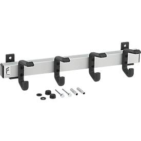 Wandgarderobe – Aluminiumprofil silbermatt eloxiert, Stützen schwarz (RAL 9005) epoxidbeschichtet, Haken Kunststoff schwarz, 4 Hut- und 4 Mantelhaken, Maße H 90 × B 400 × T 120 mm