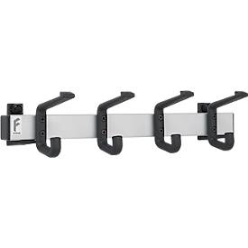 Wandgarderobe – Aluminiumprofil silbermatt eloxiert, Stützen schwarz (RAL 9005) epoxidbeschichtet, Haken Kunststoff schwarz, 4 Hut- und 4 Mantelhaken, Maße H 90 × B 400 × T 120 mm