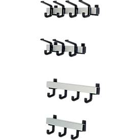 Wandgarderobe – Aluminiumprofil silbermatt eloxiert, Stützen schwarz (RAL 9005) epoxidbeschichtet, Haken Kunststoff schwarz, 4 Hut- und 4 Mantelhaken, Maße H 90 × B 400 × T 120 mm