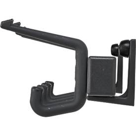 Wandgarderobe – Aluminiumprofil silbermatt eloxiert, Stützen schwarz (RAL 9005) epoxidbeschichtet, Haken Kunststoff schwarz, 4 Hut- und 4 Mantelhaken, Maße H 90 × B 400 × T 120 mm