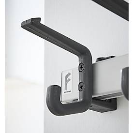 Wandgarderobe – Aluminiumprofil silbermatt eloxiert, Stützen schwarz (RAL 9005) epoxidbeschichtet, Haken Kunststoff schwarz, 4 Hut- und 4 Mantelhaken, Maße H 90 × B 400 × T 120 mm