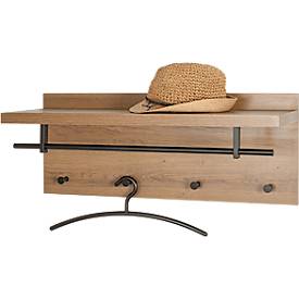 Wandgarderobe HAKU, 4 Haken mit jeweils 3 kg Tragkraft, Kleiderstange, Hutablage, B 750 x T 260 x H 300 mm, Holz/Metall, dunkles Eiche-Dekor/schwarz