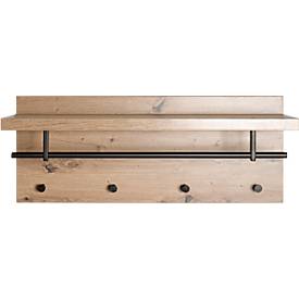 Wandgarderobe HAKU, 4 Haken mit jeweils 3 kg Tragkraft, Kleiderstange, Hutablage, B 750 x T 260 x H 300 mm, Holz/Metall, helles Eiche-Dekor/schwarz