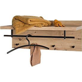 Wandgarderobe HAKU, 4 Haken mit jeweils 3 kg Tragkraft, Kleiderstange, Hutablage, B 750 x T 260 x H 300 mm, Holz/Metall, helles Eiche-Dekor/schwarz