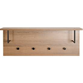 Wandgarderobe HAKU, 4 Haken mit jeweils 3 kg Tragkraft, Kleiderstangen, Hutablage, B 800 x T 200 x H 300 mm, Holz/Metall, dunkles Eiche-Dekor/schwarz