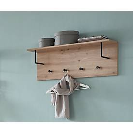 Wandgarderobe HAKU, 4 Haken mit jeweils 3 kg Tragkraft, Kleiderstangen, Hutablage, B 800 x T 200 x H 300 mm, Holz/Metall, helles Eiche-Dekor/schwarz