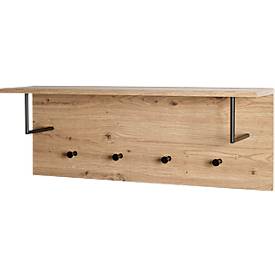 Wandgarderobe HAKU, 4 Haken mit jeweils 3 kg Tragkraft, Kleiderstangen, Hutablage, B 800 x T 200 x H 300 mm, Holz/Metall, helles Eiche-Dekor/schwarz