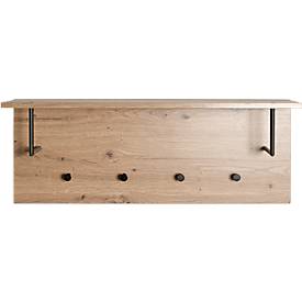 Wandgarderobe HAKU, 4 Haken mit jeweils 3 kg Tragkraft, Kleiderstangen, Hutablage, B 800 x T 200 x H 300 mm, Holz/Metall, helles Eiche-Dekor/schwarz