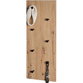 Wandgarderobe HAKU, Hoch- und Querformat, 7 Haken mit jeweils 3 kg Tragkraft, B 800 x T 50 x H 300 mm, Holz/Metall, helles Eiche-Dekor/schwarz