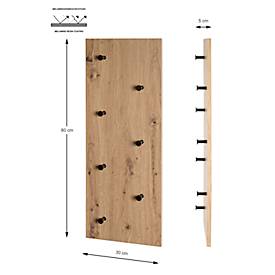 Wandgarderobe HAKU, Hoch- und Querformat, 7 Haken mit jeweils 3 kg Tragkraft, B 800 x T 50 x H 300 mm, Holz/Metall, helles Eiche-Dekor/schwarz