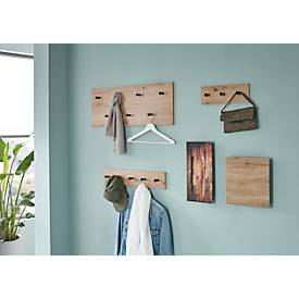 Wandgarderobe HAKU, Hoch- und Querformat, 7 Haken mit jeweils 3 kg Tragkraft, B 800 x T 50 x H 300 mm, Holz/Metall, helles Eiche-Dekor/schwarz