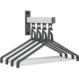 Wandgarderoben-Element – epoxidbeschichtet (mattsilber/tiefschwarz RAL 9005), Kleiderstange, 4 Einzelhaken (Abstand 70 mm, Traglast je Haken 10 kg), inkl. 4 Kleiderbügel, H 300 × B 450 × T 280 mm