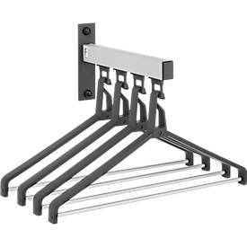 Wandgarderoben-Element – epoxidbeschichtet (mattsilber/tiefschwarz RAL 9005), Kleiderstange, 4 Einzelhaken (Abstand 70 mm, Traglast je Haken 10 kg), inkl. 4 Kleiderbügel, H 300 × B 450 × T 280 mm