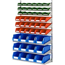 Wandregal 9 VK Schäfer Shop Select, 9 Böden, L 1000 x B 640 x T 100/155/220 mm, mit 48 Sichtlagerkästen SSI Schäfer Serie PROFI LF