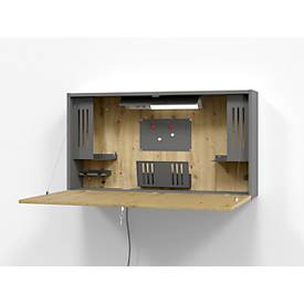Wandschreibtisch, ideal für das Home Office, ausklappbare Tischplatte, umfangreiche Innenausstattung, B 1200 x T 260 x H 650 mm, graphit/Asteiche