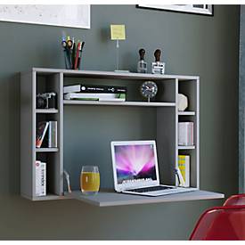 Wandschreibtisch Wandila, ideal für das Home Office, ausklappbare Tischplatte & 7 Fächer, B 900 x T 200/670 x H 600 mm, Holz, grau