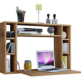 Wandschreibtisch Wandila, ideal für das Home Office, ausklappbare Tischplatte & 7 Fächer, B 900 x T 200/670 x H 600 mm, Holz, Honig-Eiche
