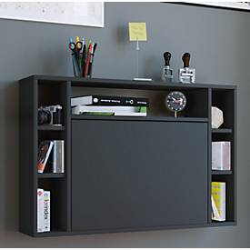 Wandschreibtisch Wandila, ideal für das Home Office, ausklappbare Tischplatte & 7 Fächer, B 900 x T 200/670 x H 600 mm, Holz, schwarz