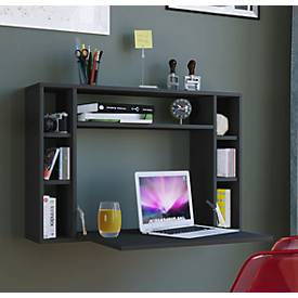 Wandschreibtisch Wandila, ideal für das Home Office, ausklappbare Tischplatte & 7 Fächer, B 900 x T 200/670 x H 600 mm, Holz, schwarz