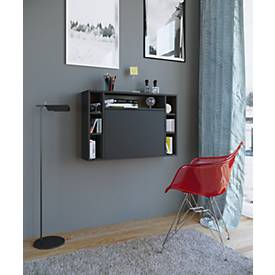 Wandschreibtisch Wandila, ideal für das Home Office, ausklappbare Tischplatte & 7 Fächer, B 900 x T 200/670 x H 600 mm, Holz, schwarz